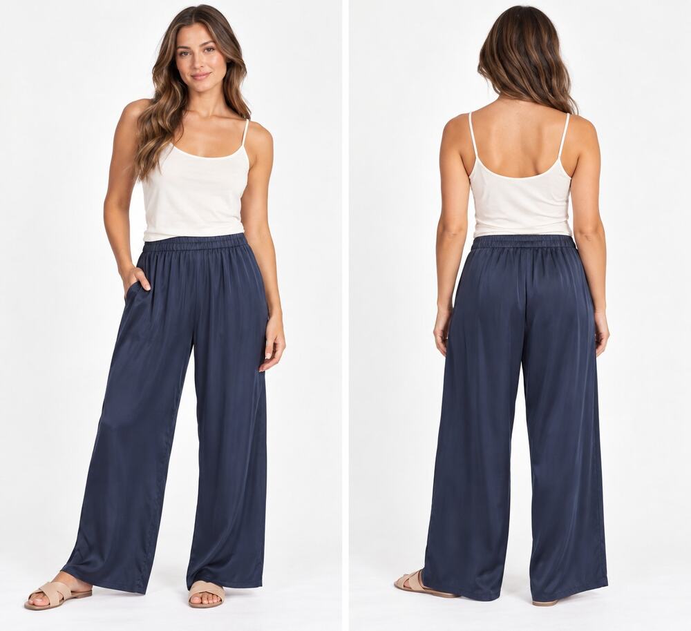 Lunya 100% Washable Silk Wide-Leg Lounge Pants S Navy Blue Elastic Waist Women’s